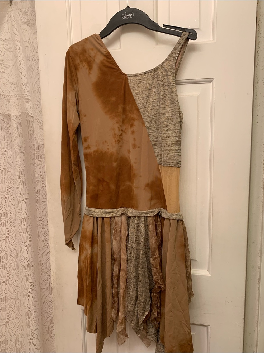 Asymmetrical One-Shoulder Mix-Material  Costume - Brown
